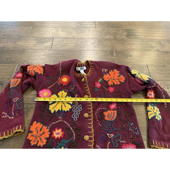 Vtg 80s Segue Womens Maroon Floral Embroidery Button Up Sweater Size M Medium - Picture 8 of 8